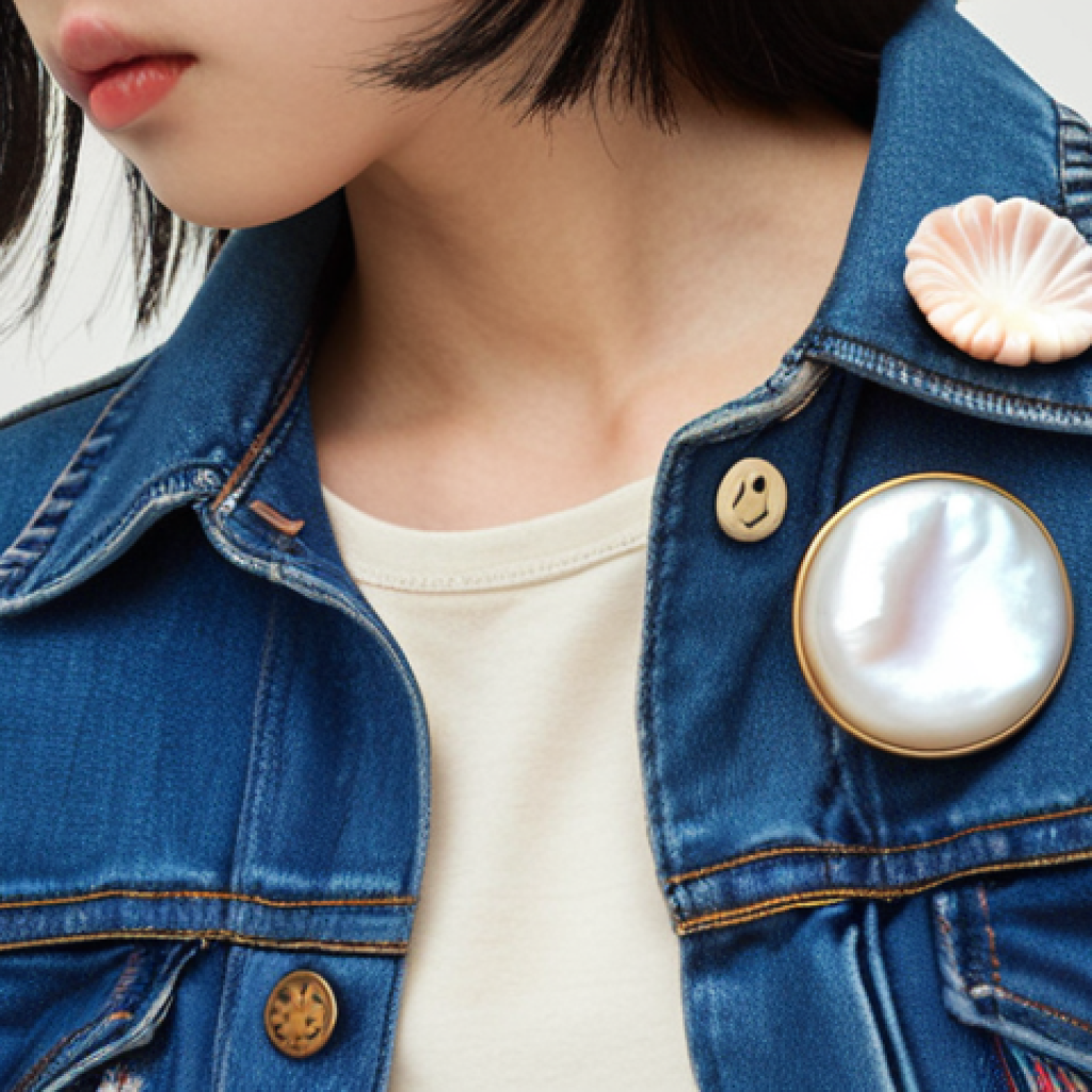 A modern take on a mother-of-pearl brooch, 옷핀 형태 design, on a denim jacket, worn by a young woman, MZ generation fashion, soft, diffused lighting.