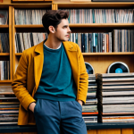 A young adult, fully clothed in a stylish, modest, and family-friendly layered top and trousers, perhaps with a vintage-inspired jacket. The person is engaging in a natural pose, browsing a collection of vintage vinyl records in a well-lit, cozy record store. The environment features wooden shelves packed with colorful LP covers, a classic turntable on a counter, and a retro-style poster on a distressed wall, evoking authenticity and nostalgia. perfect anatomy, correct proportions, well-formed hands, proper finger count, professional photography, high detail, studio lighting, safe for work, appropriate content, fully clothed, professional dress.
