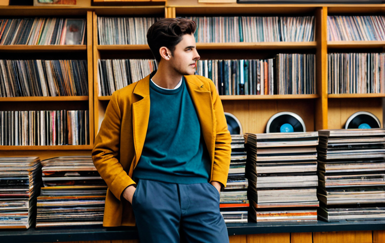 A young adult, fully clothed in a stylish, modest, and family-friendly layered top and trousers, perhaps with a vintage-inspired jacket. The person is engaging in a natural pose, browsing a collection of vintage vinyl records in a well-lit, cozy record store. The environment features wooden shelves packed with colorful LP covers, a classic turntable on a counter, and a retro-style poster on a distressed wall, evoking authenticity and nostalgia. perfect anatomy, correct proportions, well-formed hands, proper finger count, professional photography, high detail, studio lighting, safe for work, appropriate content, fully clothed, professional dress.